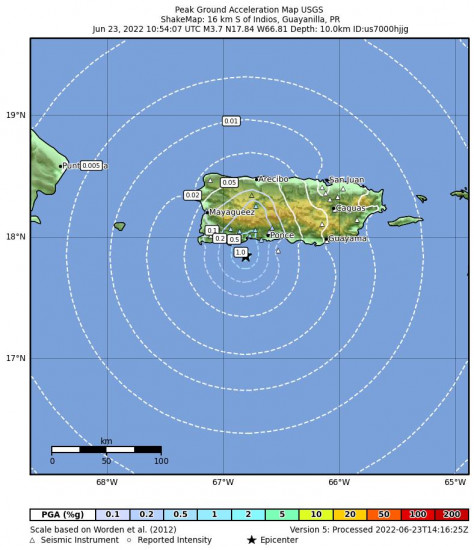 Peak Ground Acceleration Map for the Indios, Puerto Rico 3.55m Earthquake, Thursday Jun. 23 2022, 6:54:09 AM