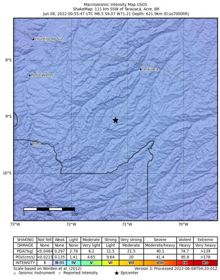 Macroseismic Intensity Map for the Tarauacá, Brazil 6.5m Earthquake, Tuesday Jun. 07 2022, 7:55:47 PM