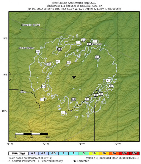 Peak Ground Acceleration Map for the Tarauacá, Brazil 6.5m Earthquake, Tuesday Jun. 07 2022, 7:55:47 PM