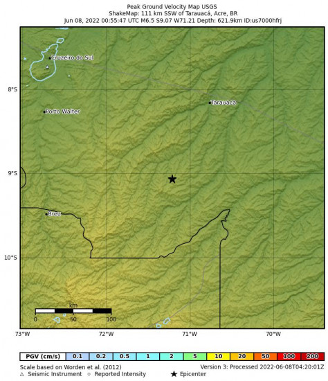 Peak Ground Velocity Map for the Tarauacá, Brazil 6.5m Earthquake, Tuesday Jun. 07 2022, 7:55:47 PM