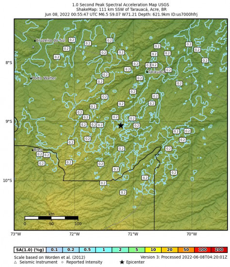 1 Second Peak Spectral Acceleration Map for the Tarauacá, Brazil 6.5m Earthquake, Tuesday Jun. 07 2022, 7:55:47 PM