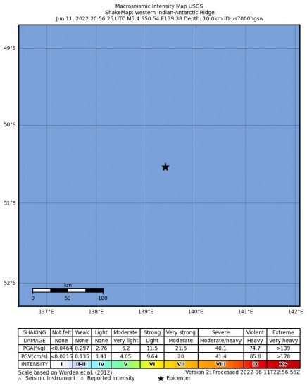 Macroseismic Intensity Map for the Western Indian-antarctic Ridge 5.4m Earthquake, Sunday Jun. 12 2022, 6:56:25 AM