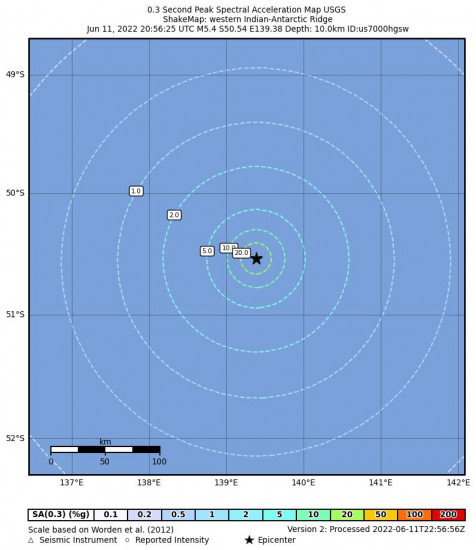 0.3 Second Peak Spectral Acceleration Map for the Western Indian-antarctic Ridge 5.4m Earthquake, Sunday Jun. 12 2022, 6:56:25 AM