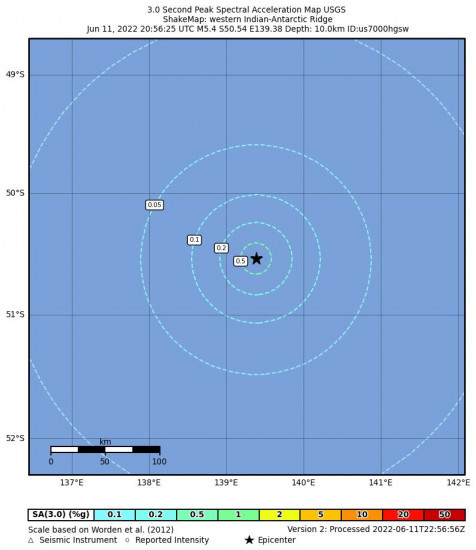3 Second Peak Spectral Acceleration Map for the Western Indian-antarctic Ridge 5.4m Earthquake, Sunday Jun. 12 2022, 6:56:25 AM