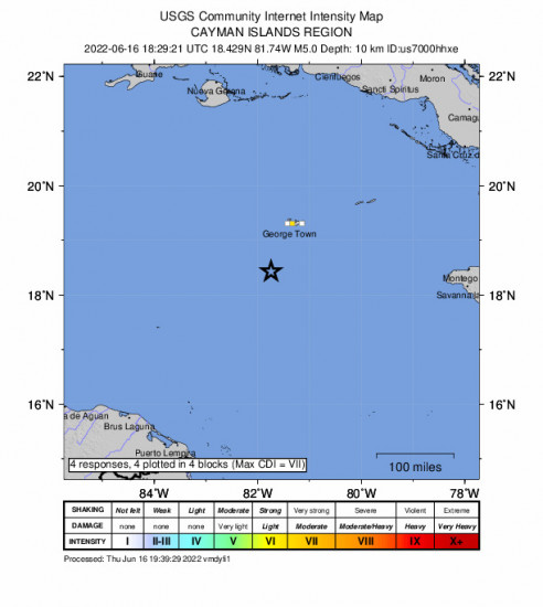 GEO Community Internet Intensity Map for the George Town, Cayman Islands 5m Earthquake, Thursday Jun. 16 2022, 1:29:21 PM