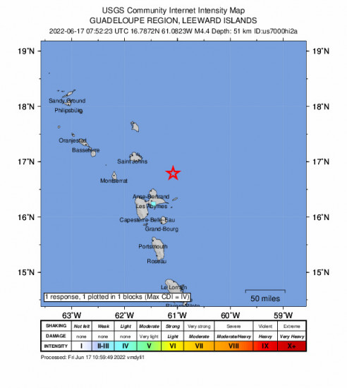 GEO Community Internet Intensity Map for the Beauséjour, Guadeloupe 4.4m Earthquake, Friday Jun. 17 2022, 3:52:23 AM