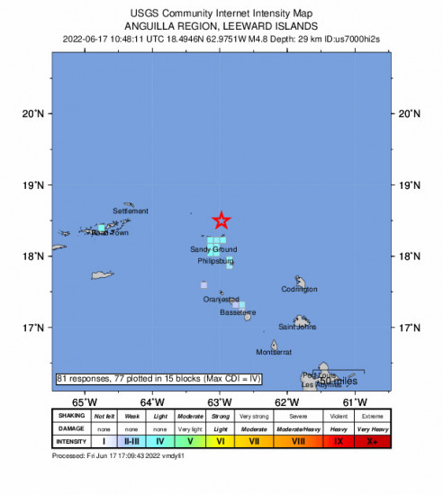GEO Community Internet Intensity Map for the The Valley, Anguilla 4.8m Earthquake, Friday Jun. 17 2022, 6:48:11 AM