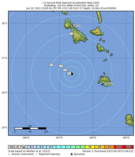 1 Second Peak Spectral Acceleration Map for the Port-vila, Vanuatu 5.4m Earthquake, Tuesday Jun. 21 2022, 6:09:16 AM