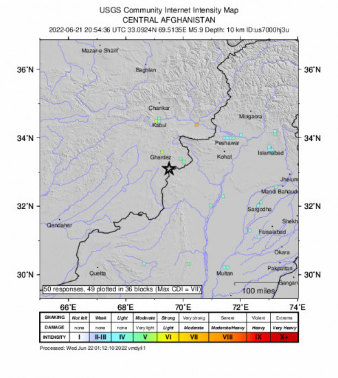 GEO Community Internet Intensity Map for the Khōst, Afghanistan 5.9m Earthquake, Wednesday Jun. 22 2022, 1:24:36 AM