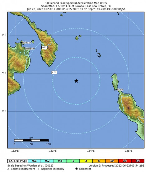 3 Second Peak Spectral Acceleration Map for the Kokopo, Papua New Guinea 5.4m Earthquake, Wednesday Jun. 22 2022, 11:53:31 AM