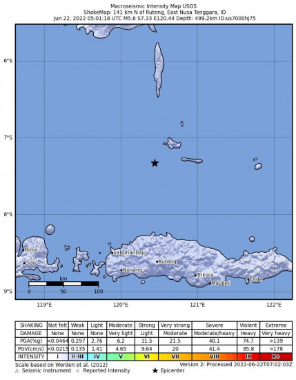 Macroseismic Intensity Map for the Ruteng, Indonesia 5.6m Earthquake, Wednesday Jun. 22 2022, 1:01:18 PM