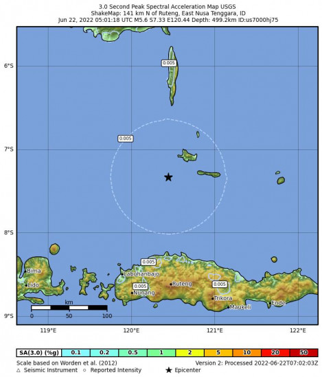 3 Second Peak Spectral Acceleration Map for the Ruteng, Indonesia 5.6m Earthquake, Wednesday Jun. 22 2022, 1:01:18 PM