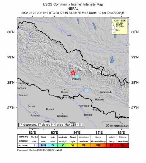 Community Internet Intensity Map for the Chitre, Nepal 4.6m Earthquake, Thursday Jun. 23 2022, 3:56:46 AM