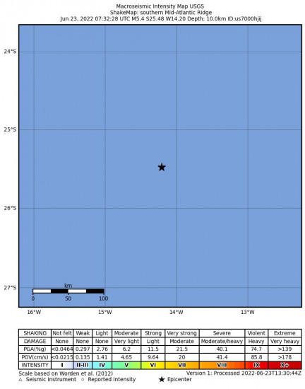 Macroseismic Intensity Map for the Southern Mid-atlantic Ridge 5.4m Earthquake, Thursday Jun. 23 2022, 7:32:28 AM