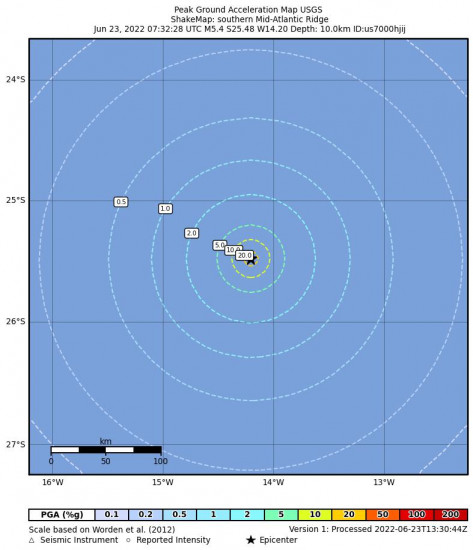 Peak Ground Acceleration Map for the Southern Mid-atlantic Ridge 5.4m Earthquake, Thursday Jun. 23 2022, 7:32:28 AM