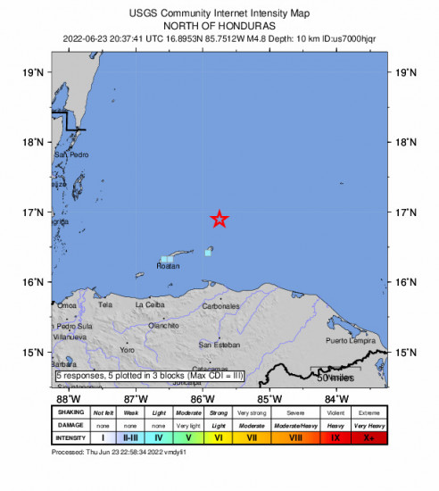 GEO Community Internet Intensity Map for the Savannah Bight, Honduras 4.8m Earthquake, Thursday Jun. 23 2022, 2:37:41 PM