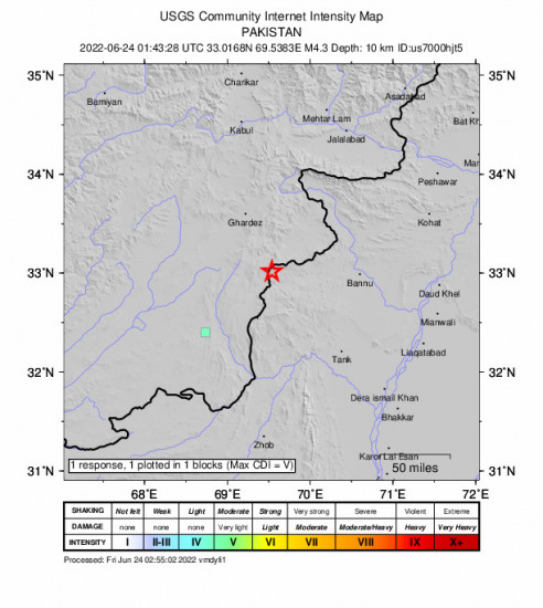 GEO Community Internet Intensity Map for the Miran Shah, Pakistan 4.3m Earthquake, Friday Jun. 24 2022, 6:43:28 AM