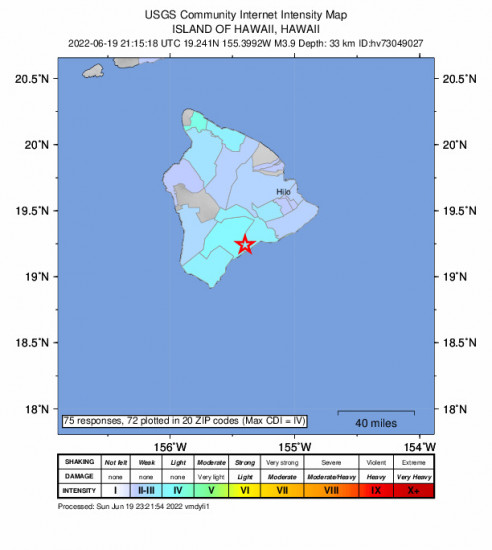 Community Internet Intensity Map for the Pāhala, Hawaii 3.89m Earthquake, Sunday Jun. 19 2022, 11:15:18 AM