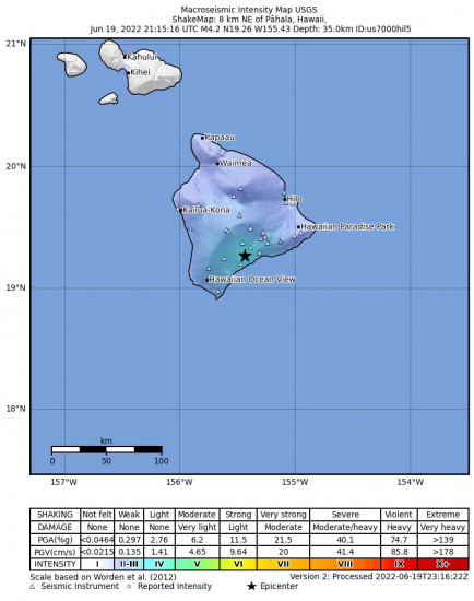 Macroseismic Intensity Map for the Pāhala, Hawaii 3.89m Earthquake, Sunday Jun. 19 2022, 11:15:18 AM