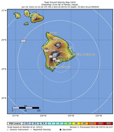 Peak Ground Velocity Map for the Pāhala, Hawaii 3.89m Earthquake, Sunday Jun. 19 2022, 11:15:18 AM