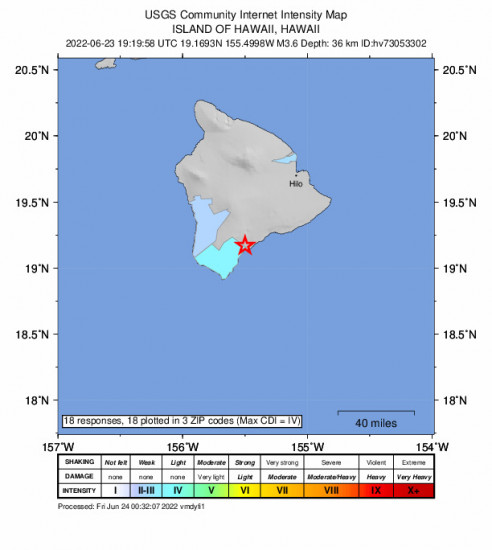 Community Internet Intensity Map for the Pāhala, Hawaii 3.64m Earthquake, Thursday Jun. 23 2022, 9:19:58 AM