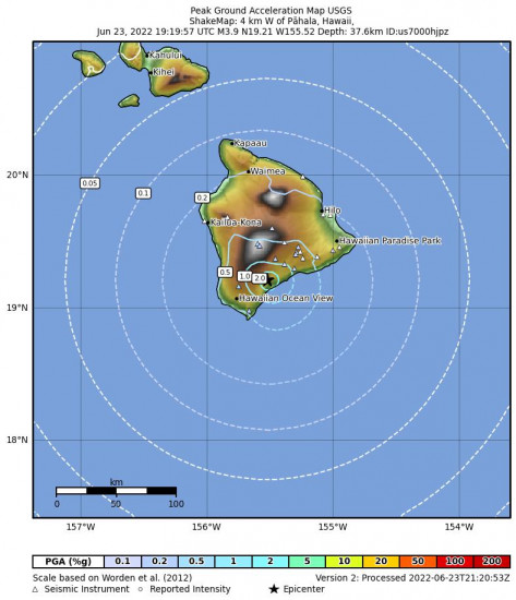 Peak Ground Acceleration Map for the Pāhala, Hawaii 3.64m Earthquake, Thursday Jun. 23 2022, 9:19:58 AM