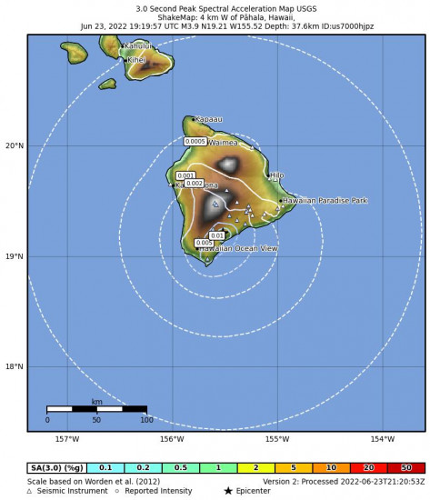 3 Second Peak Spectral Acceleration Map for the Pāhala, Hawaii 3.64m Earthquake, Thursday Jun. 23 2022, 9:19:58 AM