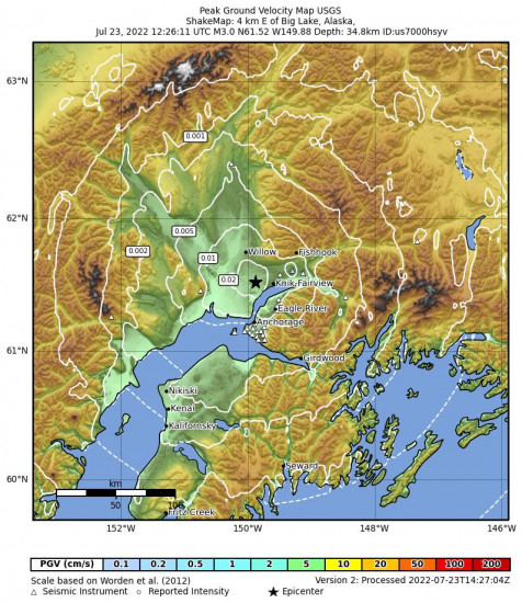 Peak Ground Velocity Map for the Big Lake, Alaska 3m Earthquake, Saturday Jul. 23 2022, 4:26:11 AM