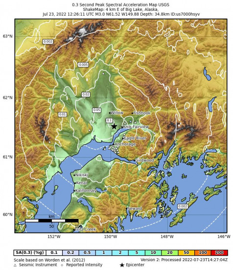 0.3 Second Peak Spectral Acceleration Map for the Big Lake, Alaska 3m Earthquake, Saturday Jul. 23 2022, 4:26:11 AM