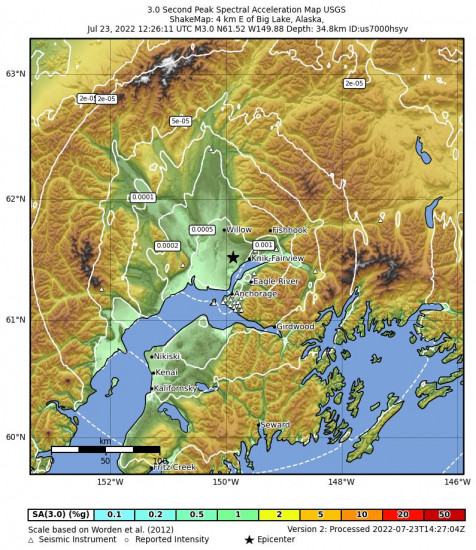 3 Second Peak Spectral Acceleration Map for the Big Lake, Alaska 3m Earthquake, Saturday Jul. 23 2022, 4:26:11 AM