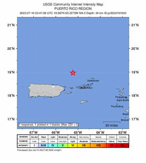 GEO Community Internet Intensity Map for the Culebra, Puerto Rico 4.45m Earthquake, Saturday Jul. 09 2022, 11:47:09 PM