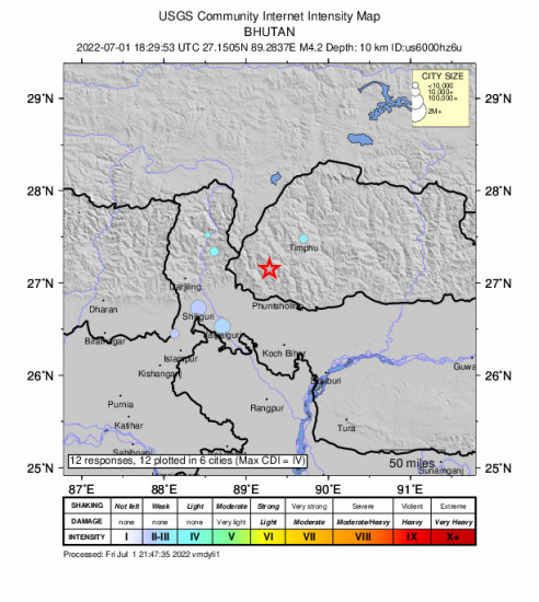Community Internet Intensity Map for the Daphu, Bhutan 4.2m Earthquake, Saturday Jul. 02 2022, 12:29:53 AM