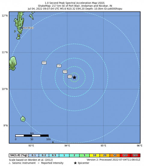 1 Second Peak Spectral Acceleration Map for the Port Blair, India 5.6m Earthquake, Monday Jul. 04 2022, 4:07:04 PM