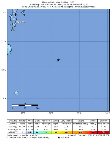 Macroseismic Intensity Map for the Port Blair, India 5.4m Earthquake, Tuesday Jul. 05 2022, 7:26:57 AM