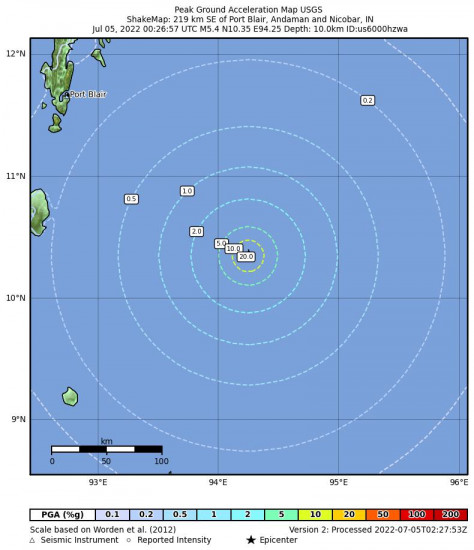 Peak Ground Acceleration Map for the Port Blair, India 5.4m Earthquake, Tuesday Jul. 05 2022, 7:26:57 AM