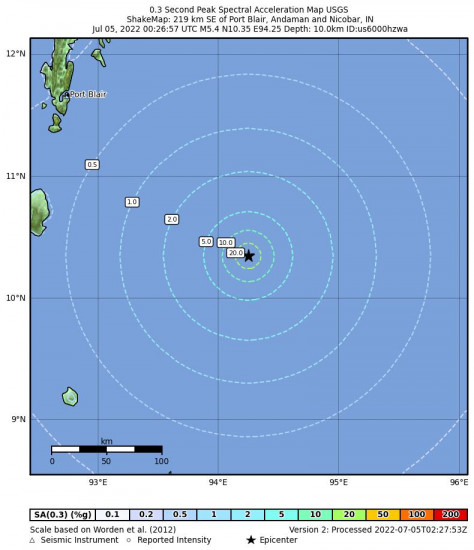 0.3 Second Peak Spectral Acceleration Map for the Port Blair, India 5.4m Earthquake, Tuesday Jul. 05 2022, 7:26:57 AM