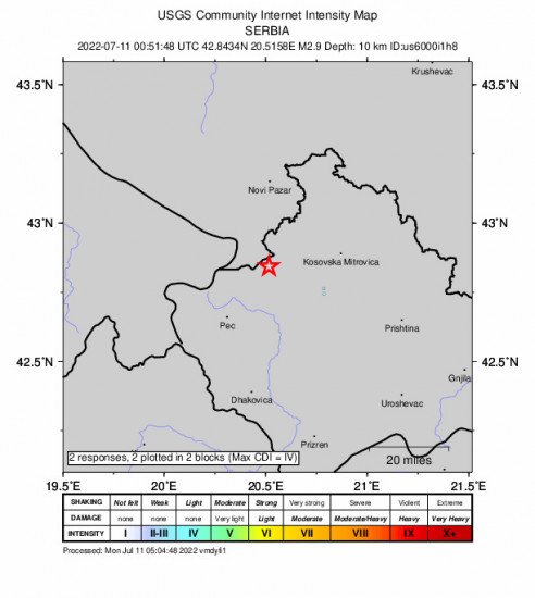 GEO Community Internet Intensity Map for the Istok, Kosovo 2.9m Earthquake, Monday Jul. 11 2022, 2:51:48 AM