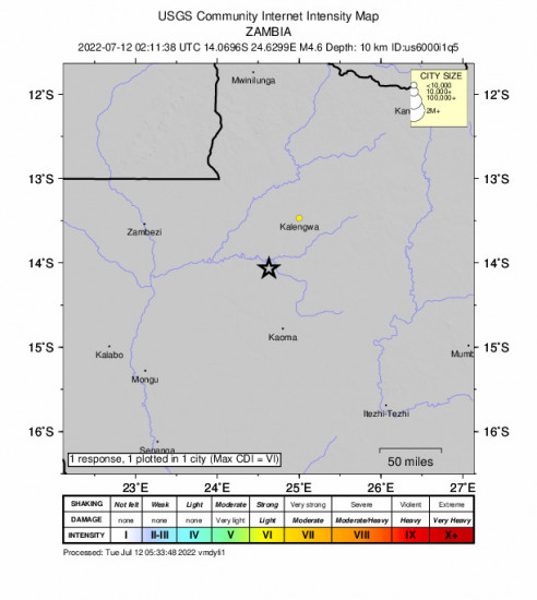 Community Internet Intensity Map for the Mufumbwe, Zambia 4.6m Earthquake, Tuesday Jul. 12 2022, 4:11:38 AM
