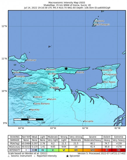 Macroseismic Intensity Map for the Güiria, Venezuela 5.4m Earthquake, Thursday Jul. 14 2022, 3:16:58 PM