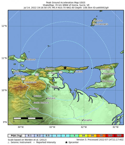 Peak Ground Acceleration Map for the Güiria, Venezuela 5.4m Earthquake, Thursday Jul. 14 2022, 3:16:58 PM
