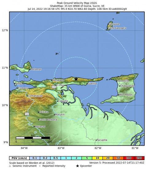 Peak Ground Velocity Map for the Güiria, Venezuela 5.4m Earthquake, Thursday Jul. 14 2022, 3:16:58 PM