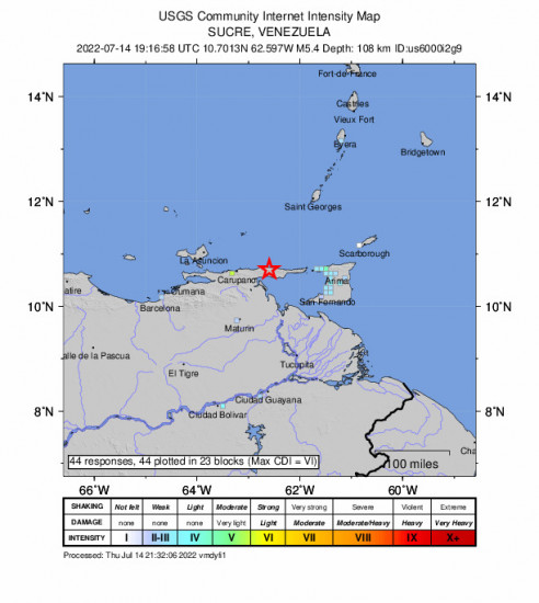 GEO Community Internet Intensity Map for the Güiria, Venezuela 5.4m Earthquake, Thursday Jul. 14 2022, 3:16:58 PM