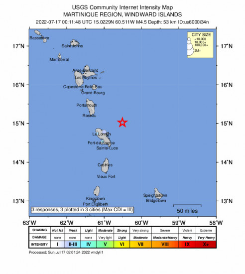 Community Internet Intensity Map for the La Trinité, Martinique 4.5m Earthquake, Saturday Jul. 16 2022, 8:11:48 PM