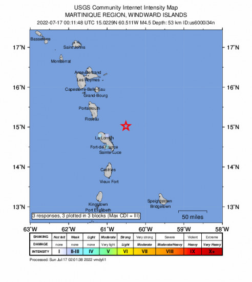 GEO Community Internet Intensity Map for the La Trinité, Martinique 4.5m Earthquake, Saturday Jul. 16 2022, 8:11:48 PM