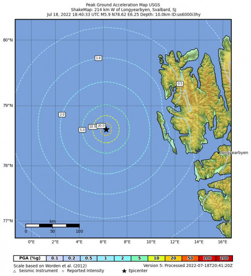 Peak Ground Acceleration Map for the Longyearbyen, Svalbard And Jan Mayen 5.9m Earthquake, Monday Jul. 18 2022, 8:40:33 PM