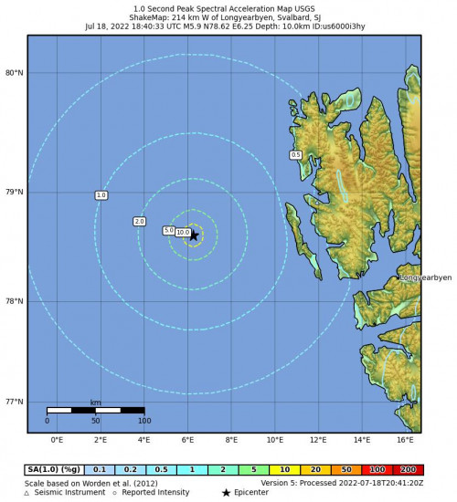 1 Second Peak Spectral Acceleration Map for the Longyearbyen, Svalbard And Jan Mayen 5.9m Earthquake, Monday Jul. 18 2022, 8:40:33 PM