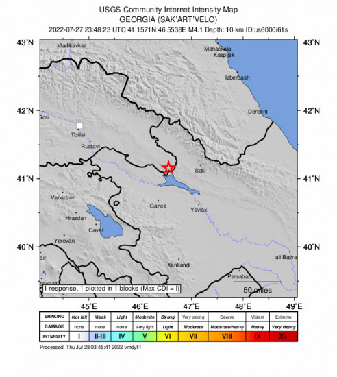 GEO Community Internet Intensity Map for the Qırmızı Samux, Azerbaijan 4.1m Earthquake, Thursday Jul. 28 2022, 3:48:23 AM
