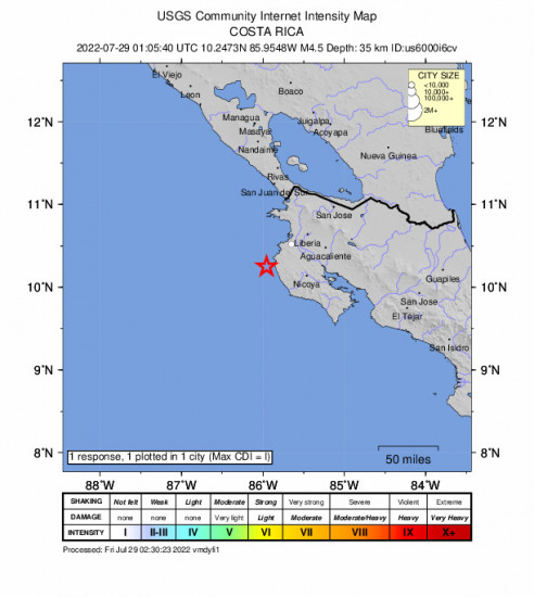 Community Internet Intensity Map for the Santa Cruz, Costa Rica 4.5m Earthquake, Thursday Jul. 28 2022, 7:05:40 PM