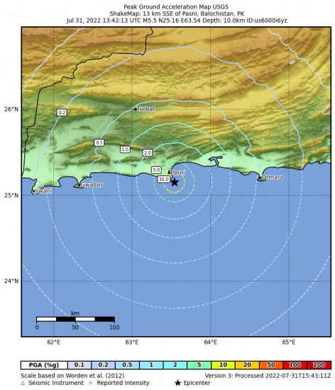 Peak Ground Acceleration Map for the Pasni, Pakistan 5.5m Earthquake, Sunday Jul. 31 2022, 6:42:13 PM