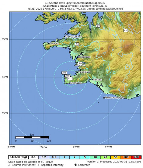 0.3 Second Peak Spectral Acceleration Map for the Vogar, Iceland 5.4m Earthquake, Sunday Jul. 31 2022, 5:48:00 PM